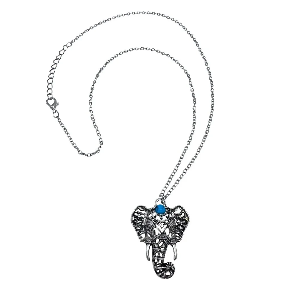 Silver Tone Elephant Necklace Blue Turquoise Style Stone‎ Boho Statement Pendant